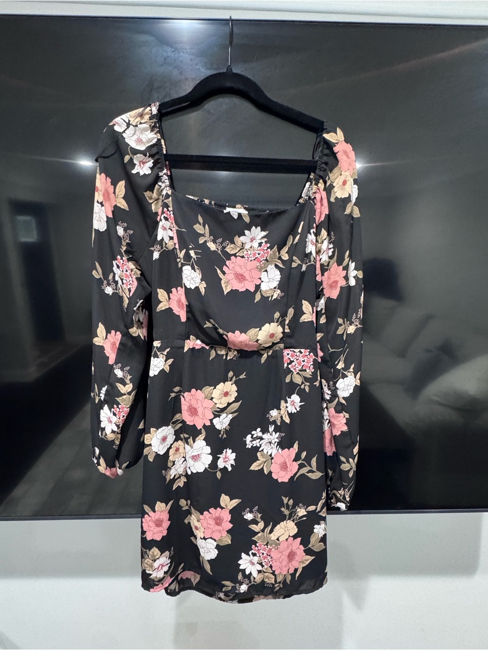Black Floral Square-Neck Mini Dress with Pink Blossoms
